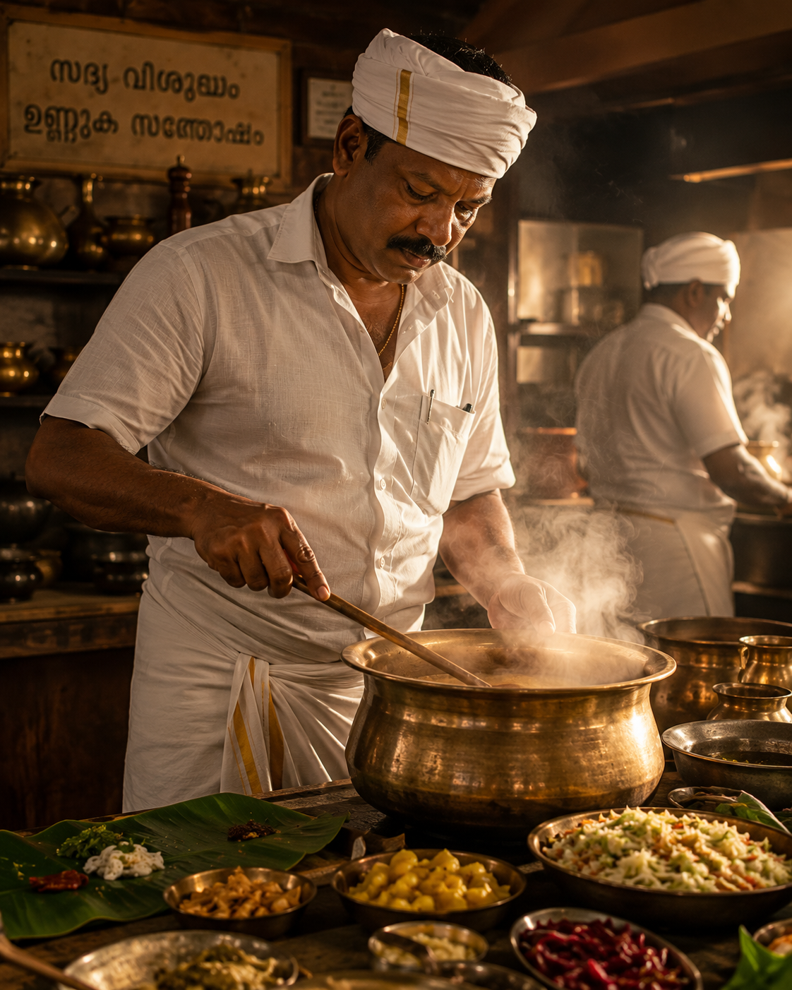 Traditional Kerala chefs preparing the Aranmula Valla Sadya
