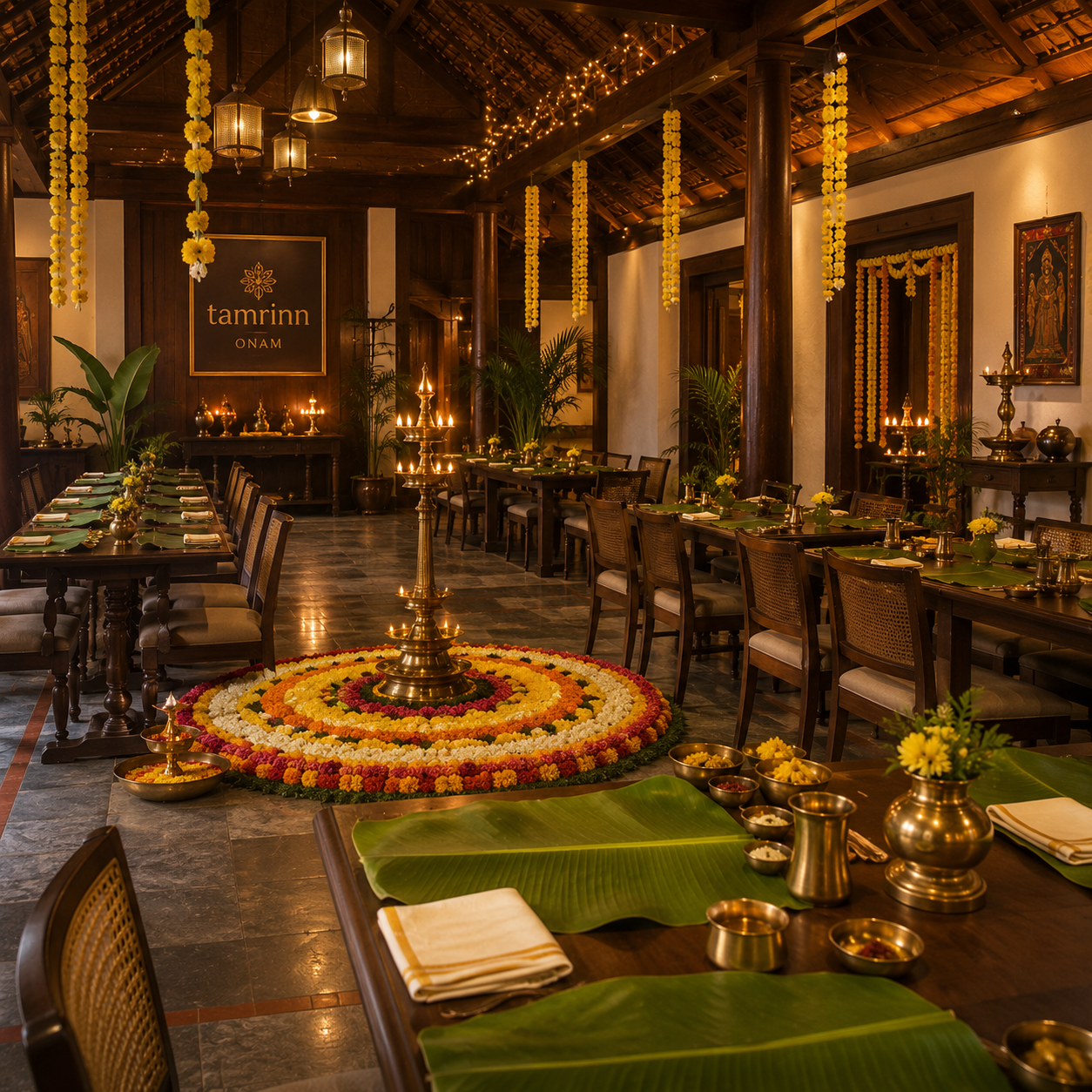 The elegant dining ambience at Tamrinn Hotel decorated for Onam