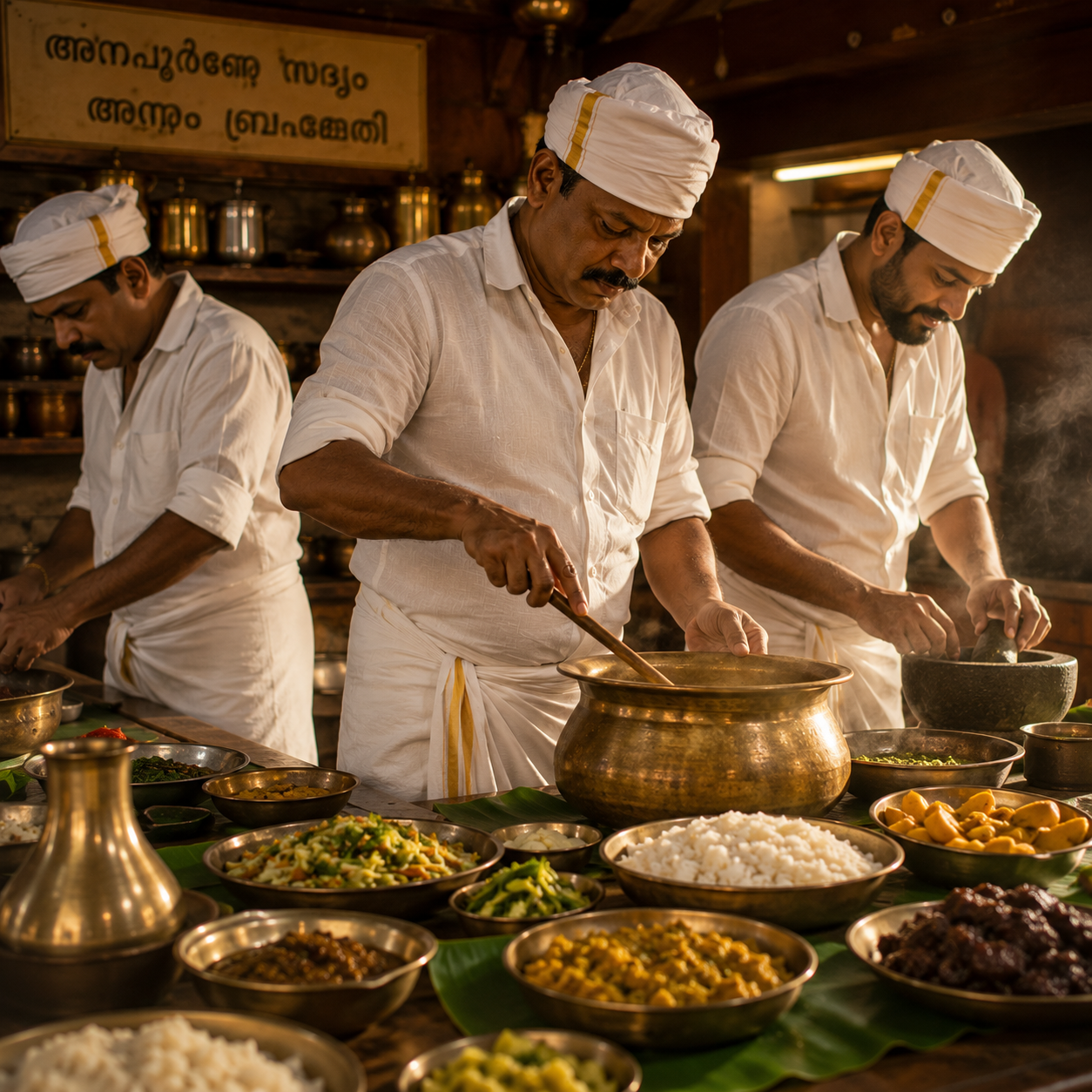 Traditional Kerala chefs preparing the Vallasadya