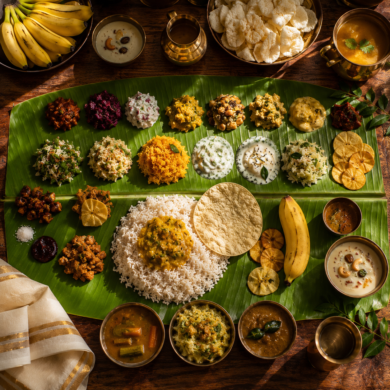 A traditional Aranmula Valla Sadya spread on a banana leaf