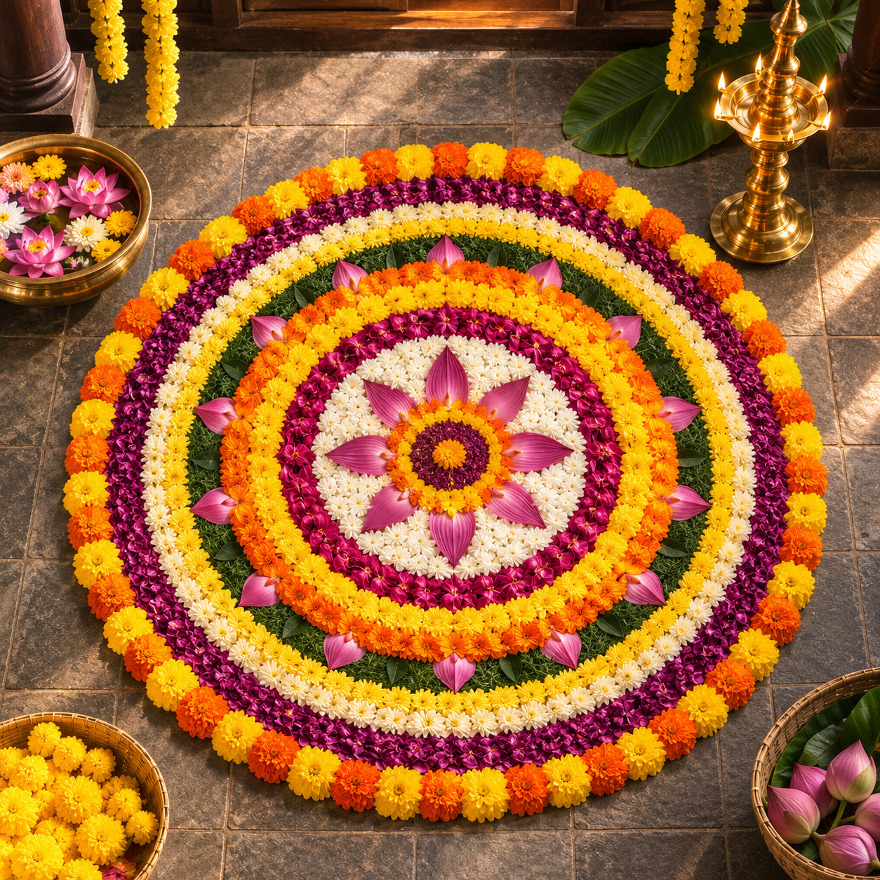 A vibrant pookkalam flower carpet arrangement for Onam