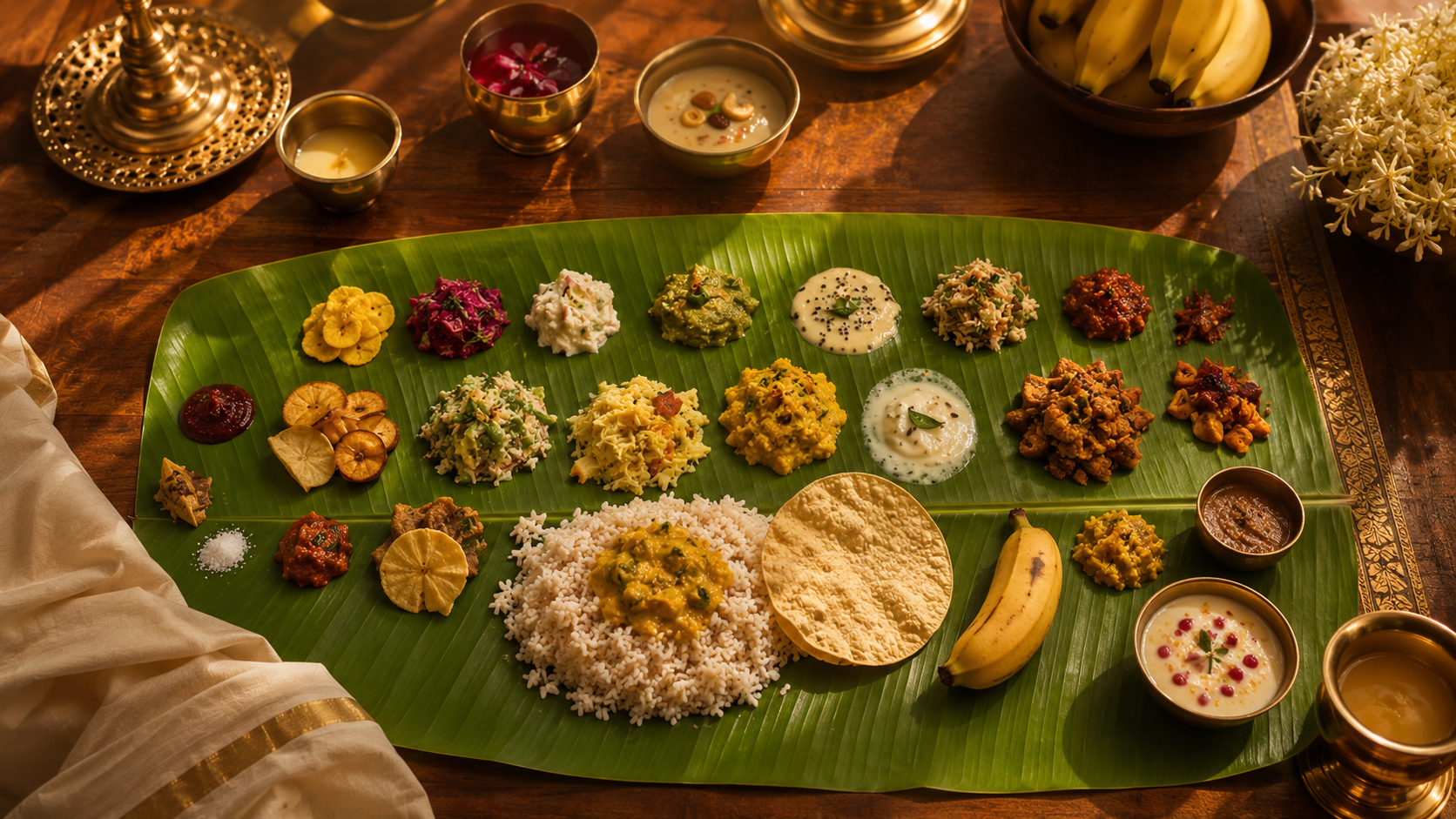 A traditional banana leaf feast laid out with dozens of authentic Kerala dishes