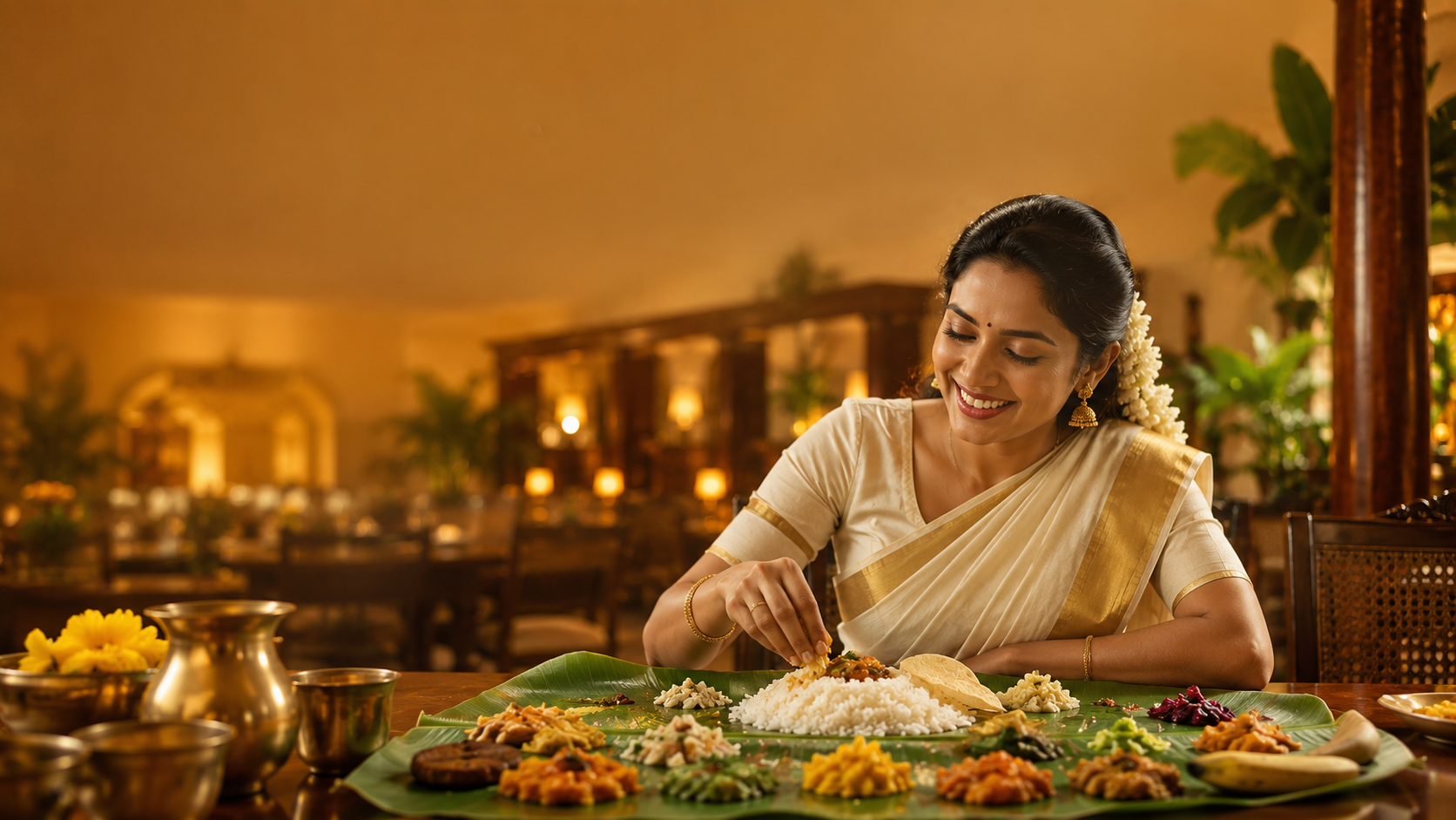 A joyful Kerala family celebrating Onam together around a festive table